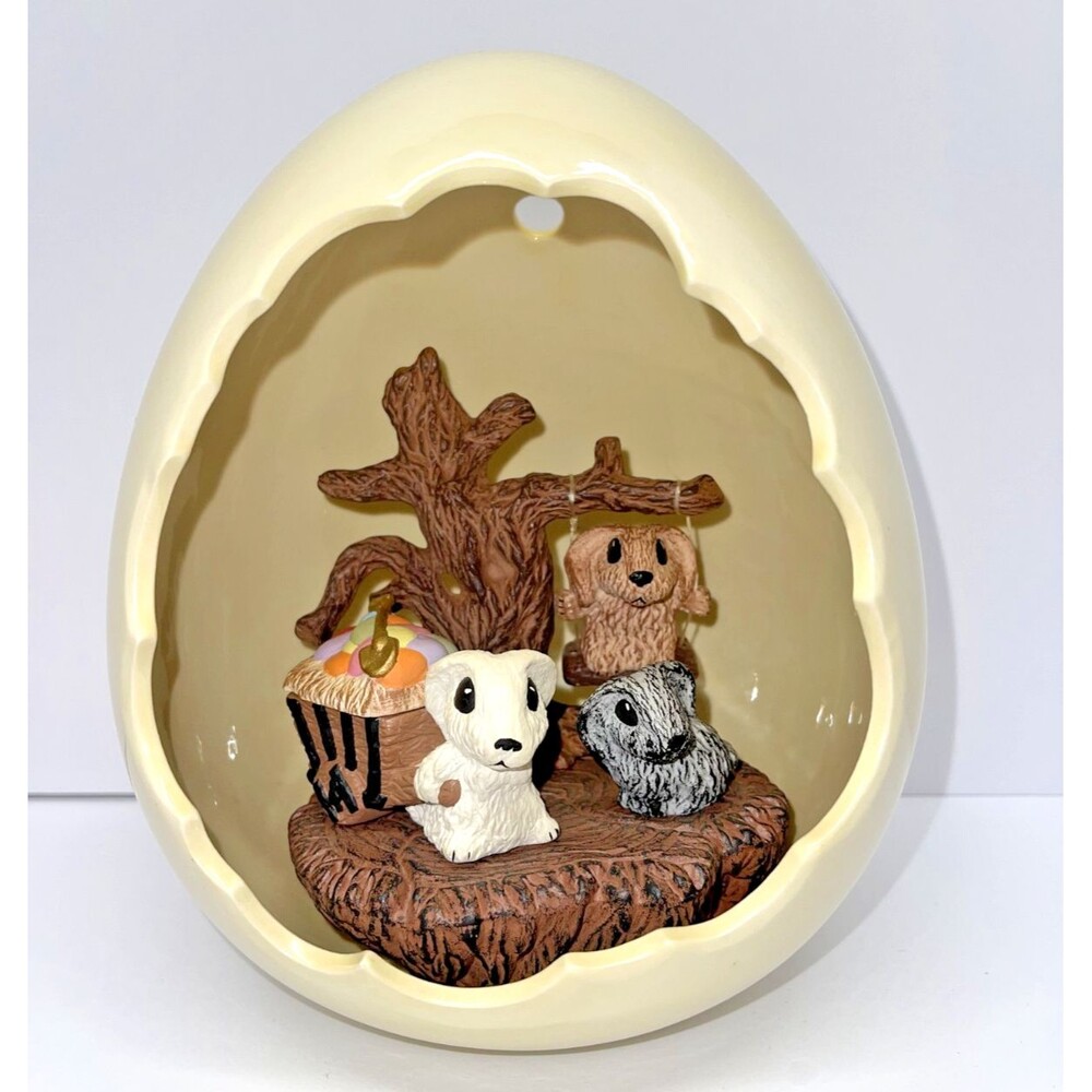 Vintage style ceramic egg diorama with woodland BUNNIES and tree swing, 7.5 inch
